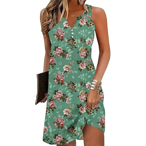 Womens Dresses Plus Size Sleeveless V-neck Printed Loose Casual Dress 1-Multicolor9 M