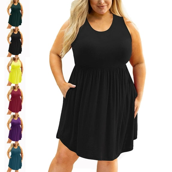 Womens Dresses Plus Size Summer Casual Solid Color Sleeveless Crew Neck Knee Length Sun Beach Boho Elegant Girls Swing Dresses with Pockets Women's Fashion Large Size Round Neck Pockets Dresses