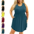 thumbnail image 1 of Womens Dresses Plus Size Summer Casual Solid Color Sleeveless Crew Neck Knee Length Sun Beach Boho Elegant Girls Swing Dresses with Pockets Women's Fashion Large Size Round Neck Pockets Dresses, 1 of 5