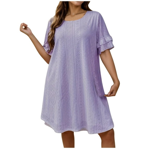 Womens Dresses Plus Size Summer Oversized Loose Round Neck Lace Short Sleeved Hollow Out Dress