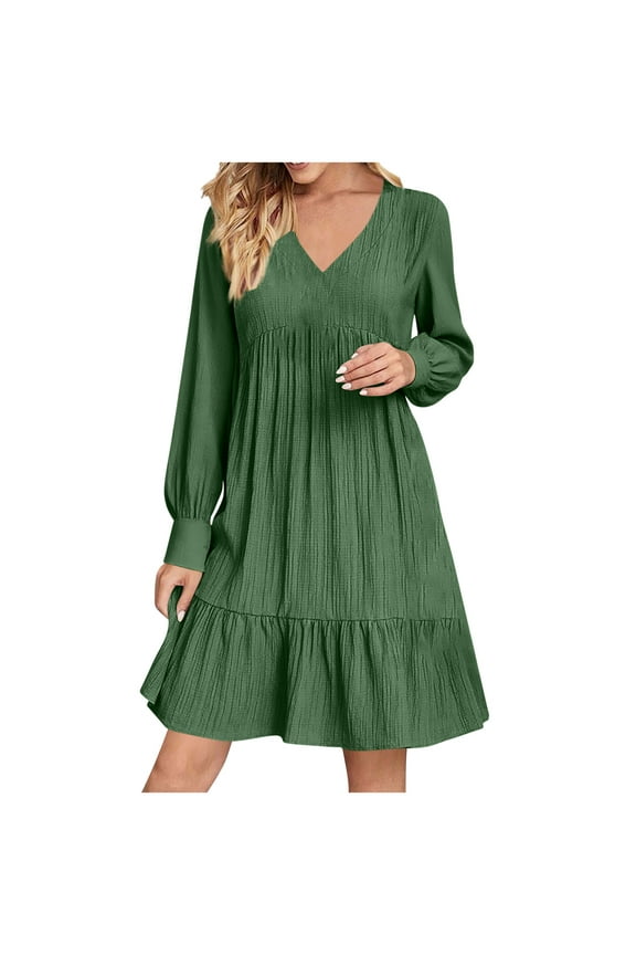 Womens Dresses Plus Size V-Neck Loose Solid Color Pleated Casual High Waisted Lace Long Sleeved Wedding Guest Dress