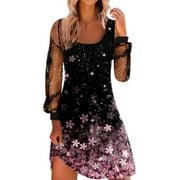 Womens Dresses Printed Mesh Spring And Long-Sleeved Dress