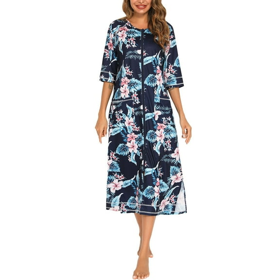 Womens Dresses Rubehoow House Coat Women's Zipper Front Robes Half Sleeve Bathrobe Full Length Soft Cotton Duster Coat With Pockets Party Dress