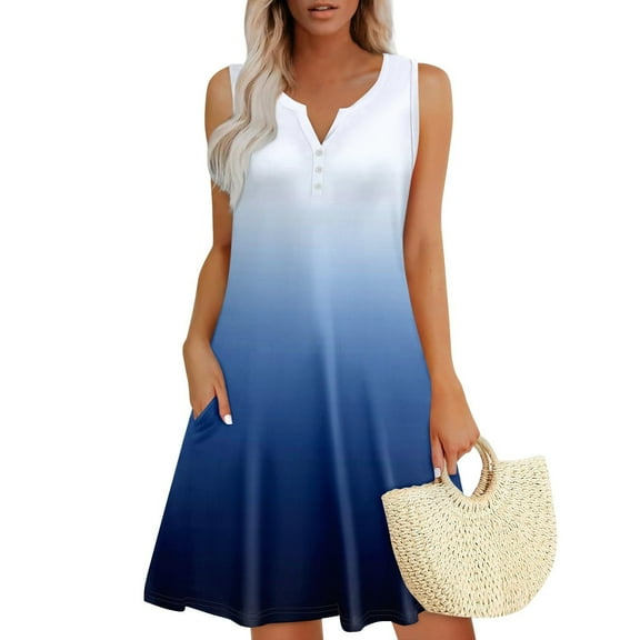 Womens Dresses Sevevn Women's Summer Fashion Printing Pocket Button Sleeveless V-Neck Dress Summer Dress