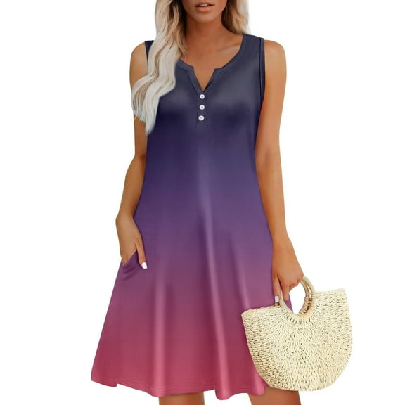 Womens Dresses Sevevn Women's Summer Fashion Printing Pocket Button Sleeveless V-Neck Dress Summer Dress