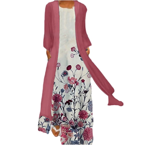 Womens Dresses with Sheer Cardigans Set Ladies 2 Piece Summer Outfits Floral Print 3/4 Sleeve Loose Fit Baggy Maxi Dresses Wedding Guest Elegant Party Chiffon Dress