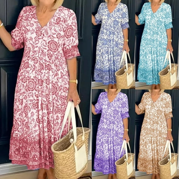 Womens Dresses Short Sleeve Floral Wrap V Neck A Line Ruffles Maxi Dress Purple Beach Long Outfits XXL