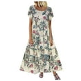 thumbnail image 1 of Womens Dresses Short Sleeve Summer Floral Printed Cotton And Linen Long Maxi Casual Dress Purple XXXL, 1 of 5