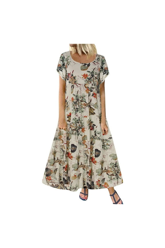 Womens Dresses Short Sleeve Summer Floral Short Long Maxi And Linen Sleeve Printed Cotton Casual Dress Orange M