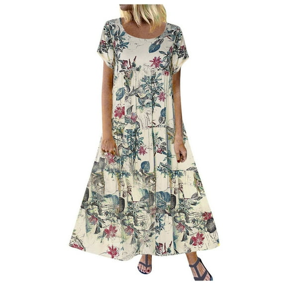 Womens Dresses Short Sleeve Summer Floral Short Long Maxi And Linen Sleeve Printed Cotton Casual Dress Purple XXL