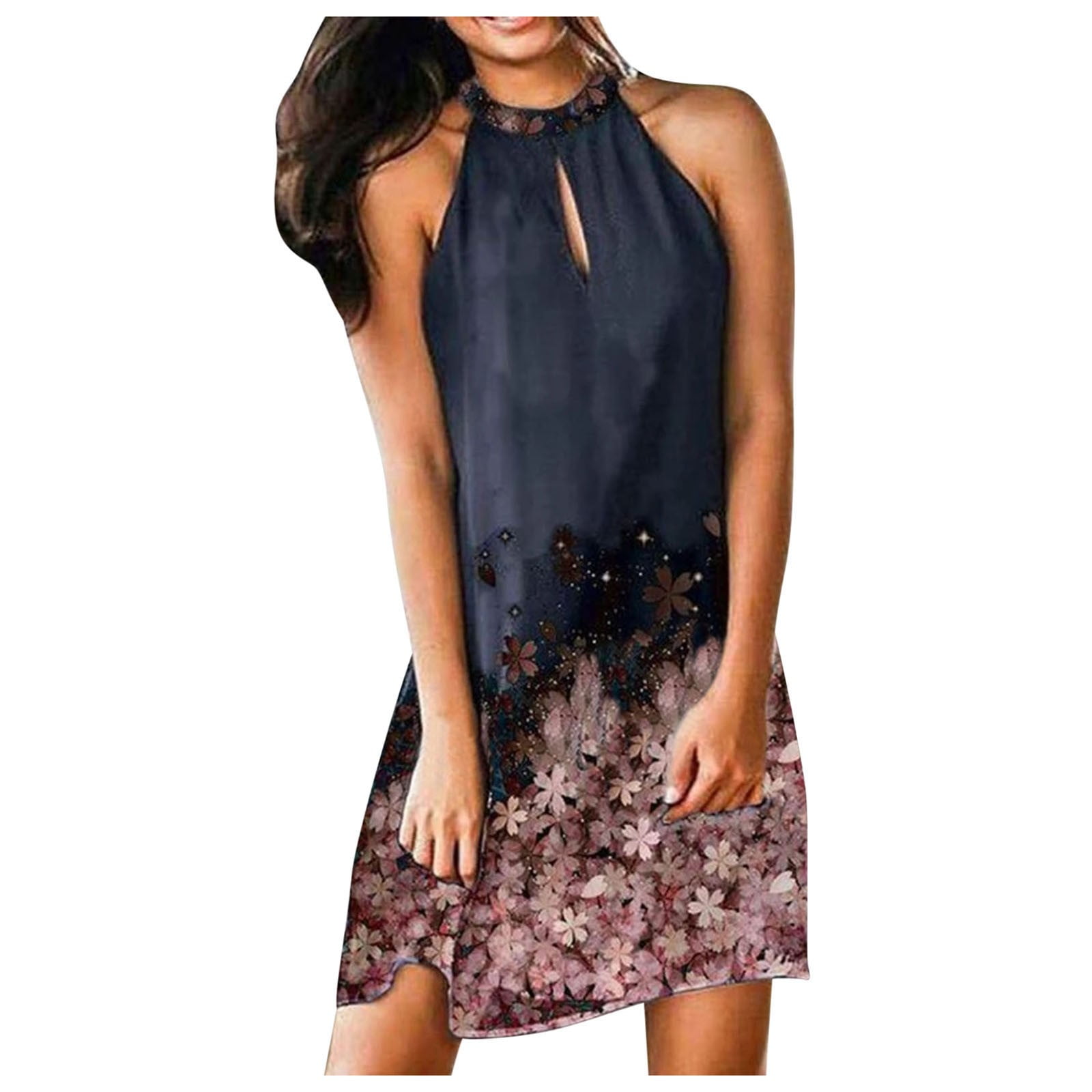 Womens Dresses Short Sleeve Summer Round Neck Plaid Print Dovetail Sling  Casual Dress Pink M