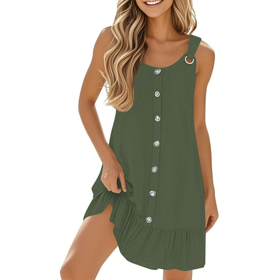 Womens Dresses, Sleeveless Button Down Boho Pleated Midi Dress 2025 Casual Elegant Church Wedding Guest Dress For Summer Beach & Easter Parties Cotton Cocktail Outfit Shirt (S, Army Green) ZMTing
