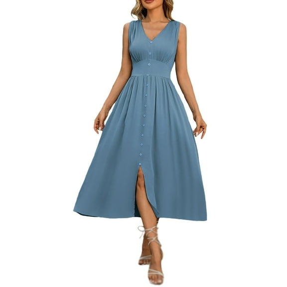 Womens Dresses Solid Color Casual Sleeveless Dress Summer Flowy Ruffle Tshirt Tank Sundresses