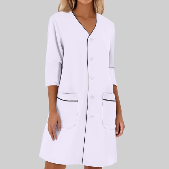 Womens Dresses Solid Color Loose Short Sleeve V Neck Button Down Mid Length Dress for Women White XL