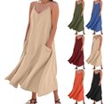 thumbnail image 1 of Womens Dresses Solid Color Round Neck Imitation Cotton And Linen Sleeveless Suspender Pocket Summer Dresses for Women Jumpsuit Long Dress, 1 of 7