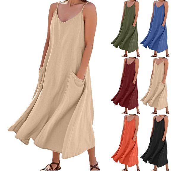 Womens Dresses Solid Color Round Neck Imitation Cotton And Linen Sleeveless Suspender Pocket Summer Dresses for Women Jumpsuit Long Dress