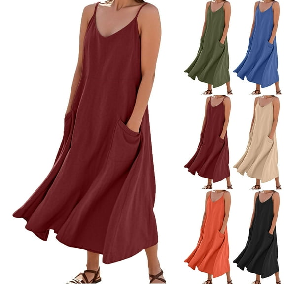 Womens Dresses Solid Color Round Neck Imitation Cotton And Linen Sleeveless Suspender Pocket Summer Dresses for Women Jumpsuit Long Dress