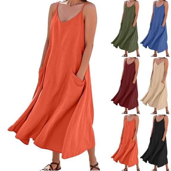 Womens Dresses Solid Color Round Neck Imitation Cotton And Linen Sleeveless Suspender Pocket Summer Dresses for Women Jumpsuit Long Dress