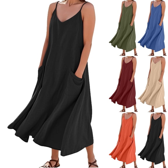 Womens Dresses Solid Color Round Neck Imitation Cotton And Linen Sleeveless Suspender Pocket Summer Dresses for Women Jumpsuit Long Dress