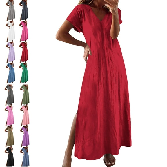Womens Dresses Solid Color V Neck Fashion Loose Half Sleeve Knee Length Summer Dresses for Women
