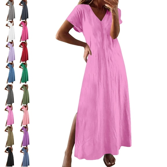 Womens Dresses Solid Color V Neck Fashion Loose Half Sleeve Knee Length Summer Dresses for Women