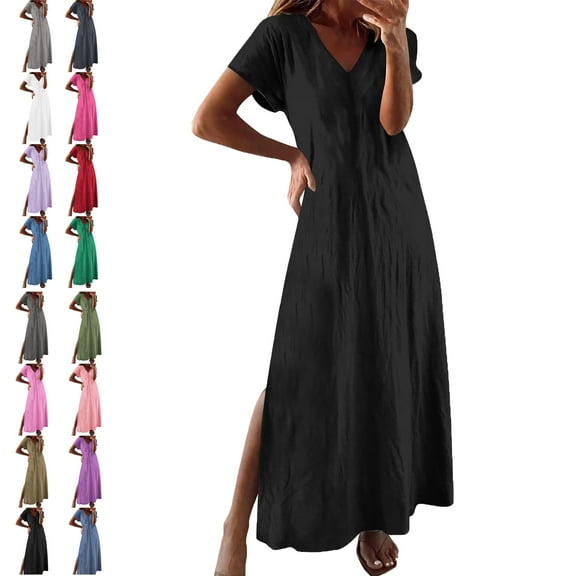 Womens Dresses Solid Color V Neck Fashion Loose Half Sleeve Knee Length Summer Dresses for Women