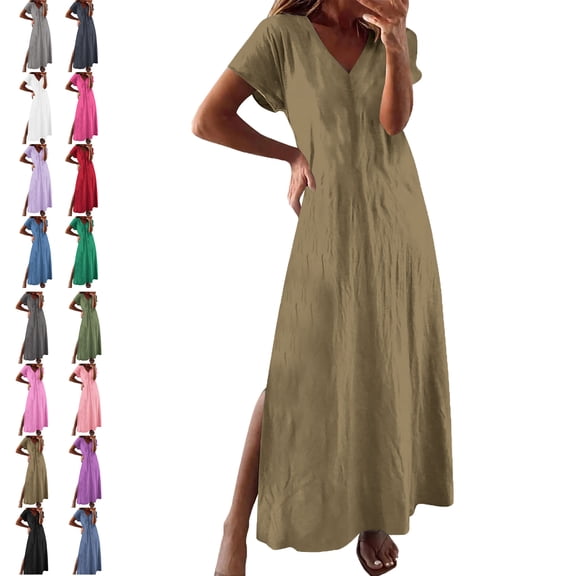 Womens Dresses Solid Color V Neck Fashion Loose Half Sleeve Knee Length Summer Dresses for Women