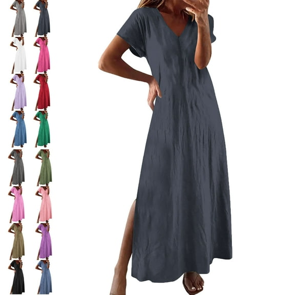 Womens Dresses Solid Color V Neck Fashion Loose Half Sleeve Knee Length Summer Dresses for Women