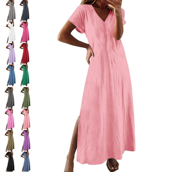Womens Dresses Solid Color V Neck Fashion Loose Half Sleeve Knee Length Summer Dresses for Women
