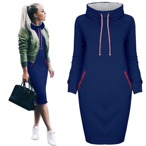 Womens Dresses Spring 2025 Casual Long Sleeve Drawstring Pleated Hoodies SweaT Shirt Mini Dress Blue XXL