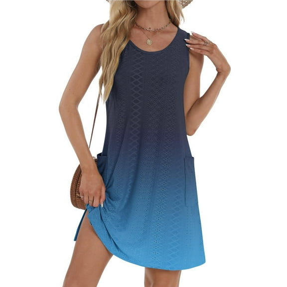 Womens Dresses Spring Sevevn Womens Summer Casual Sleeveless Round Neck Printed Dress With Pocket Beach Dress