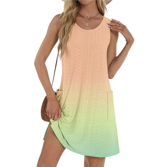 Womens Dresses Spring Sevevn Womens Summer Casual Sleeveless Round Neck Printed Dress With Pocket Beach Dress