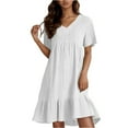 thumbnail image 1 of Boho Dresses for Women Short Sleeve Knee Length V Neck A-Line Gauze Dresses Cotton Linen Ruffle Tiered Layered Elegant A-Line Dresses White M, 1 of 5