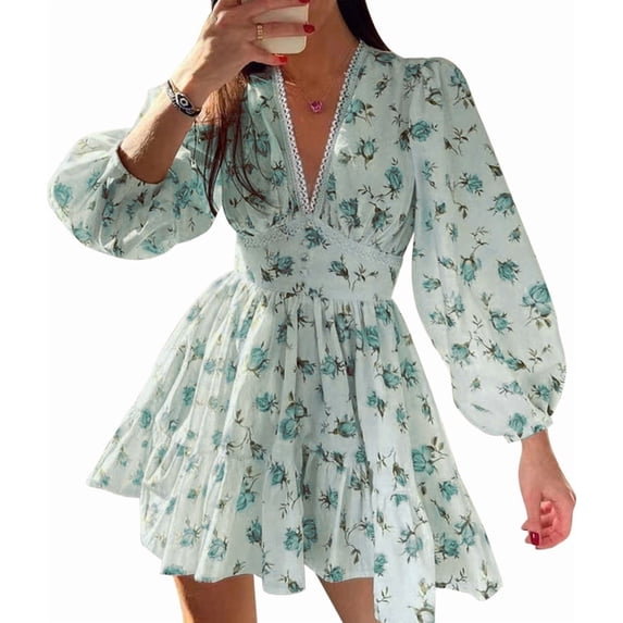 Womens Dresses Spring Summer Knot Front V Neck Long Sleeve Floral Print Swing Mini Dress Green Floral L