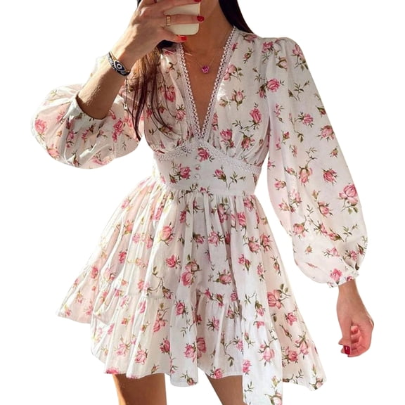 Womens Dresses Spring Summer Knot Front V Neck Long Sleeve Floral Print Swing Mini Dress White Floral L