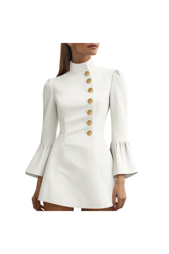 Womens Dresses Stand Collar Metal Button Dress Flared Sleeve Bodycon Dress Fall Mini Dress White XL