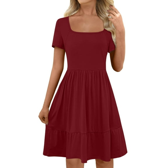 Womens Dresses Summer A-Line Square Neck Short Sleeve Pleated Solid Color Mini Desses Short Sundress with Pockets for Women Trendy Black,Blue,Pink,Beige,Wine,Purple S,M,L,XL,XXL,XXXL
