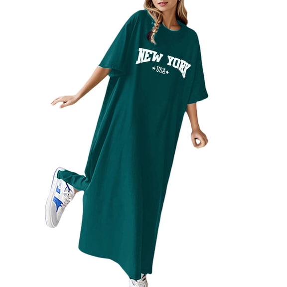 Womens Dresses Summer, Casual Dresses for Women,Women's Flowy Summer Dress Casual Loose Fit Floral Print Short Sleeve T-Shirt Style Comfortable Long Dress