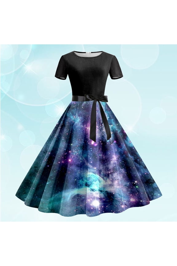 Womens Dresses Summer Casual Galaxy Print Round Neck Short Sleeve Removable Belt Dress for Women Blue L