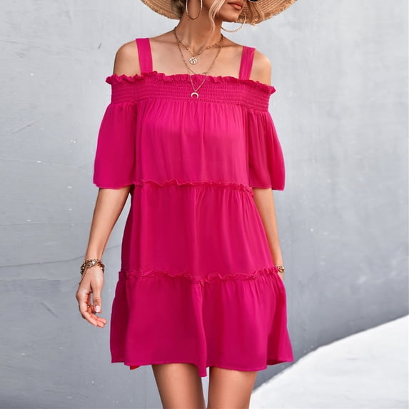 Womens Dresses Summer Casual Women One Shoulder Solid Knee Length Dress clothes under $25.00
