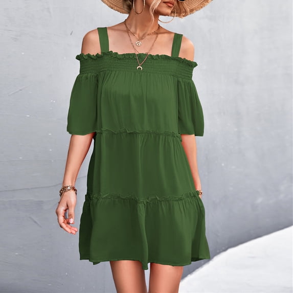 Womens Dresses Summer Casual Women One Shoulder Solid Knee Length Dress