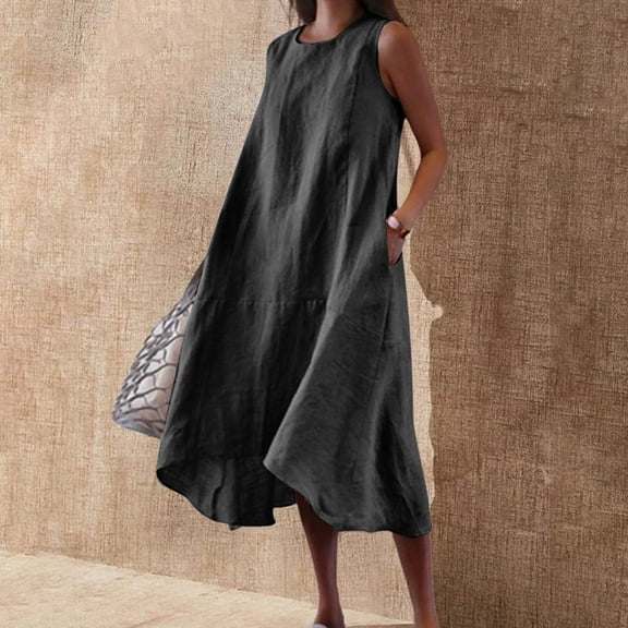 Womens Dresses Summer Dresses For Women Print Sleeveless Round Neck Dress Casual Long Dresses Black M