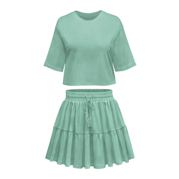 Womens Dresses Summer New Product Round Neck Solid Color Mid-Sleeve Loose Top T-Shirt Drawstring Pleated Skirt Suit