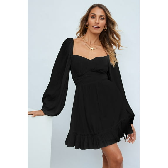 Womens Dresses Summer New Women'S Fashion Plain Color Square Collar Long-Sleeved Dress Ruffled Skirt Hem Tied Rope Cuffs