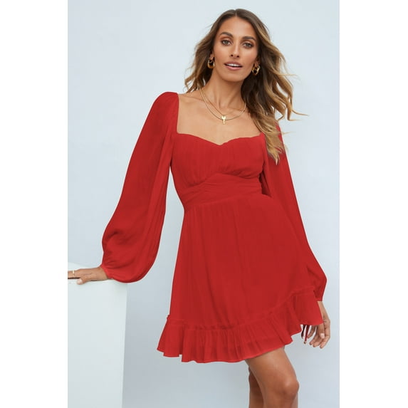 Womens Dresses Summer New Women'S Fashion Plain Color Square Collar Long-Sleeved Dress Ruffled Skirt Hem Tied Rope Cuffs