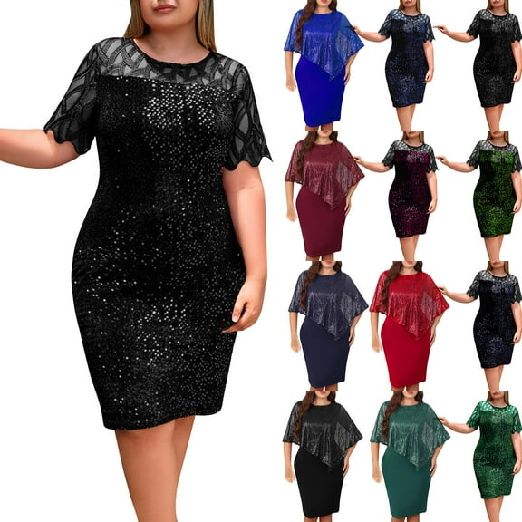 Womens Dresses Summer Plus Size 3/4 Short Sleeve Crew Neck Irregular Dress Casual Ruffle Hem Midi Bodycon Party Wedding Guest Dresses Black L