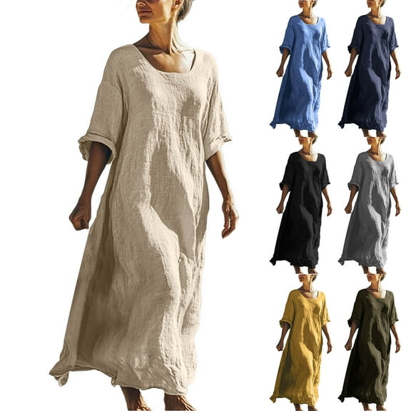 Womens Dresses Summer Plus Size Short Sleeve Crew Neck Casual Flowy Loose Finess Oversized Maxi Dresses Beach Vacation Sundresses Yellow L