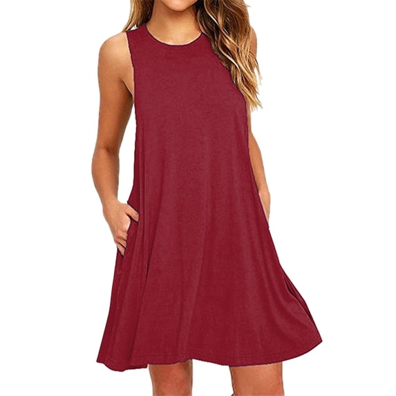 Womens Dresses Summer Sleeveless Beach Solid Color Backless Camisole Beach Mini Sun Casual Dress Wine M