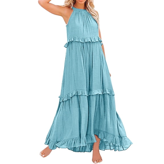 Womens Dresses Summer Sleeveless Long Solid Color Loose Halter Neck Ruffle Maxi Beach Casual Dress Blue M