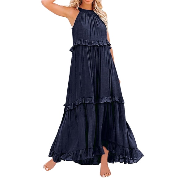 Womens Dresses Summer Sleeveless Long Solid Color Loose Halter Neck Ruffle Maxi Beach Casual Dress Dark Blue XL